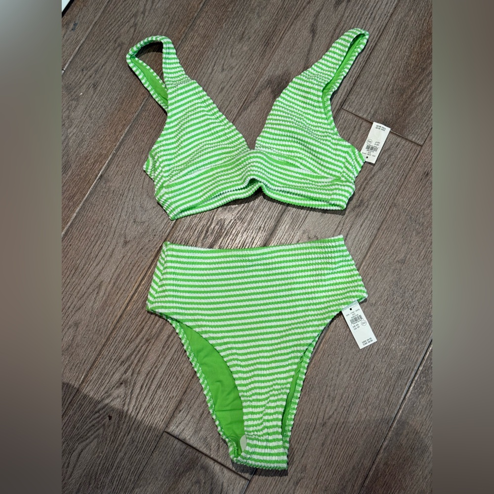 Aerie Green and White Striped Bikini Set size s too xs bottom